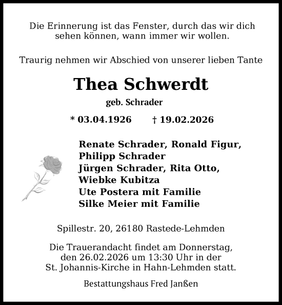 Traueranzeige von Thea Schwerdt von Nordwest-Zeitung