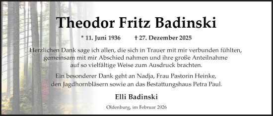 Traueranzeige von Theodor Fritz Badinski von Nordwest-Zeitung