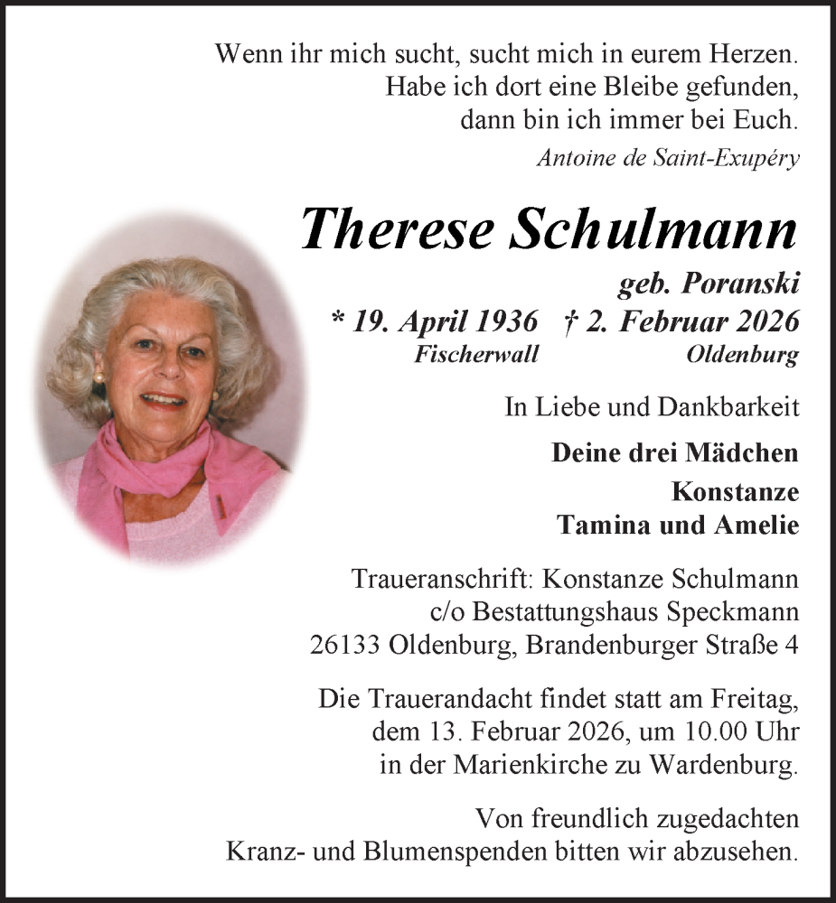  Traueranzeige für Therese Schulmann vom 07.02.2026 aus Nordwest-Zeitung