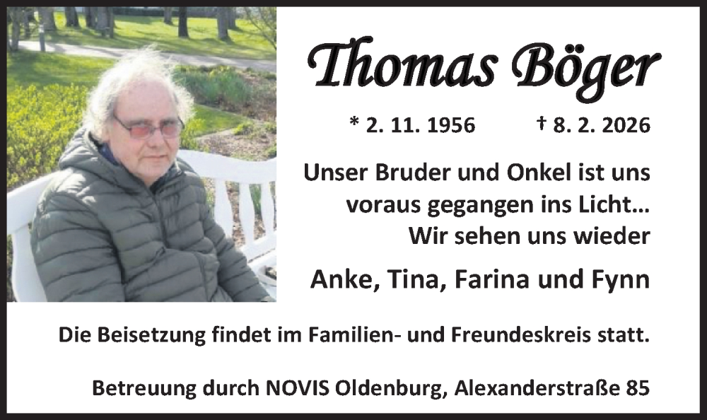  Traueranzeige für Thomas Böger vom 21.02.2026 aus Nordwest-Zeitung