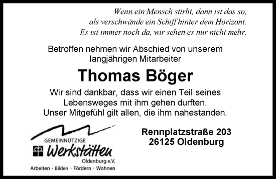 Traueranzeige von Thomas Böger von Nordwest-Zeitung
