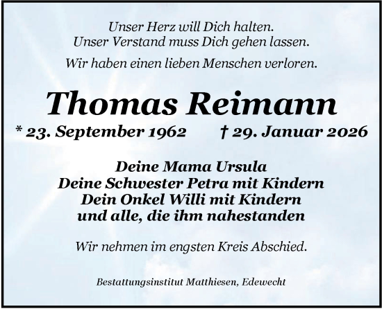 Traueranzeige von Thomas Reimann von Nordwest-Zeitung
