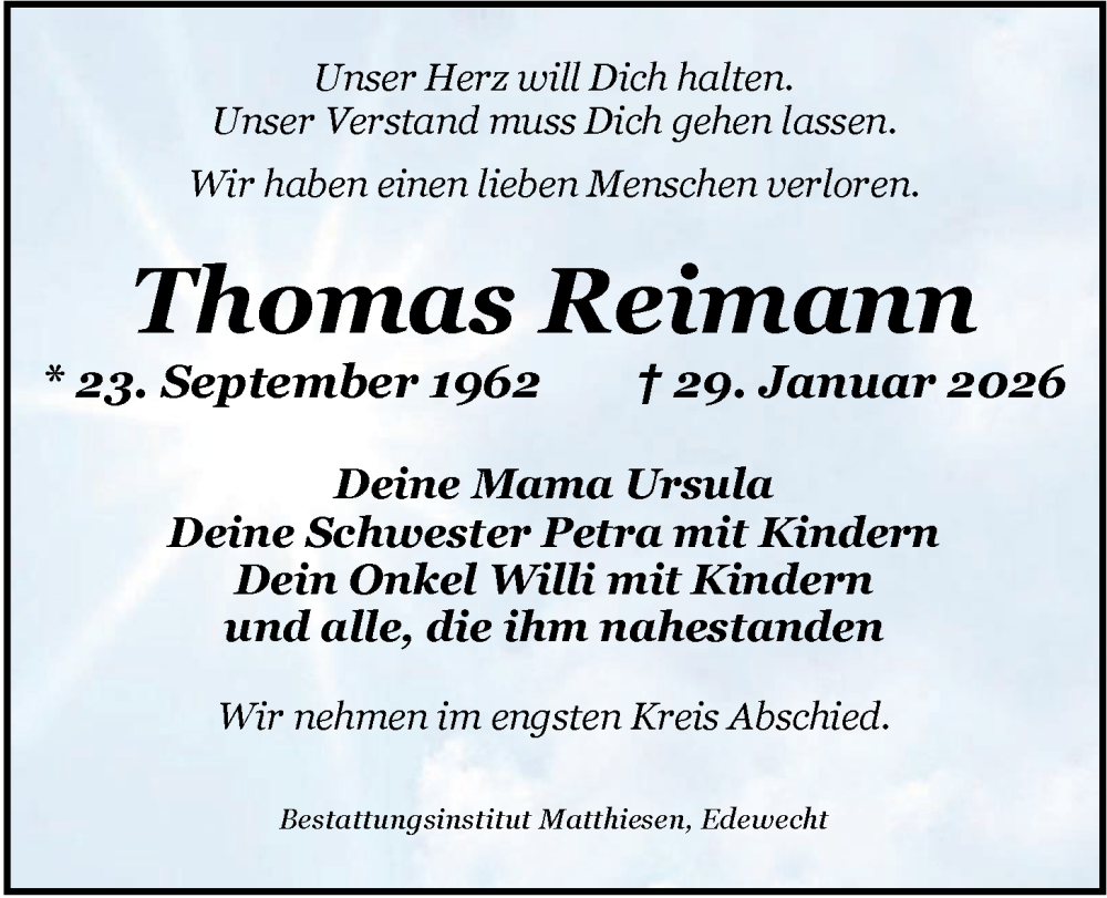  Traueranzeige für Thomas Reimann vom 07.02.2026 aus Nordwest-Zeitung