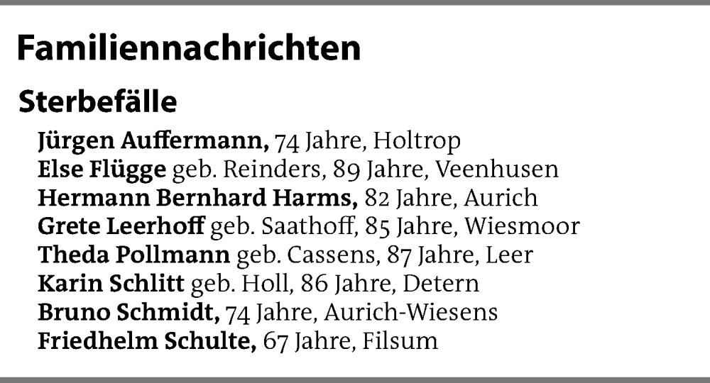  Traueranzeige für Totentafel vom 11.02.2026 vom 11.02.2026 aus Emder Zeitung