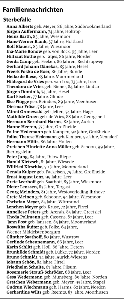 Traueranzeige von Totentafel vom 14.02.2026 von Nordwest-Zeitung