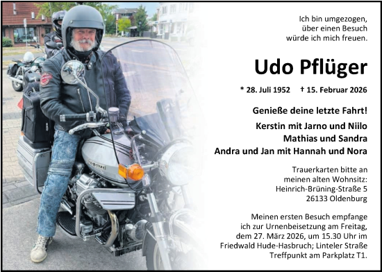 Traueranzeige von Udo Pflüger von Nordwest-Zeitung