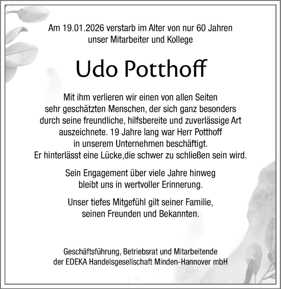 Traueranzeige von Udo Potthoff von Nordwest-Zeitung