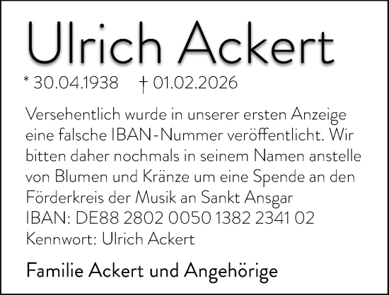 Traueranzeige von Ulrich Ackert von Nordwest-Zeitung