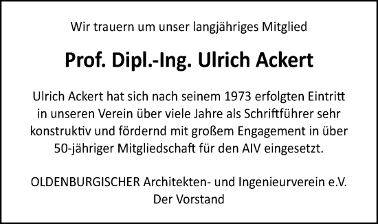 Traueranzeige von Ulrich Ackert von Nordwest-Zeitung
