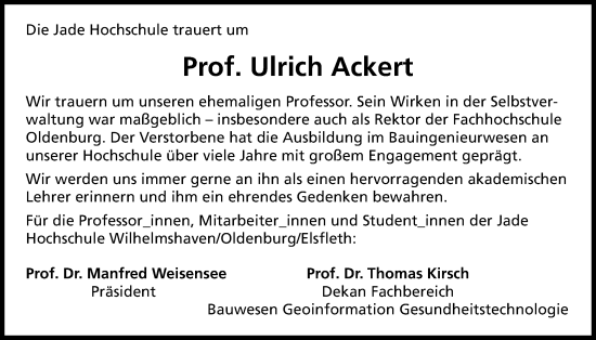 Traueranzeige von Ulrich Ackert von Nordwest-Zeitung
