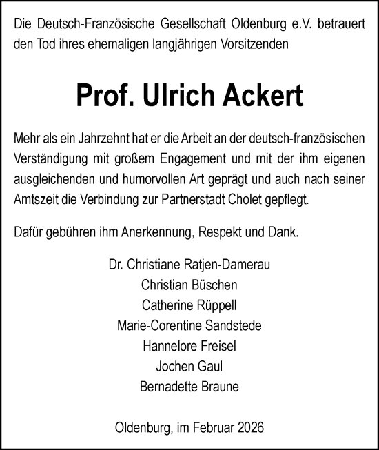 Traueranzeige von Ulrich Ackert von Nordwest-Zeitung