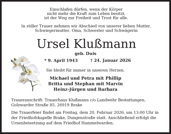 Traueranzeige von Ursel Klußmann von Nordwest-Zeitung