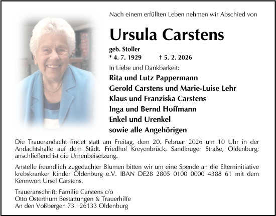 Traueranzeige von Ursula Carstens von Nordwest-Zeitung