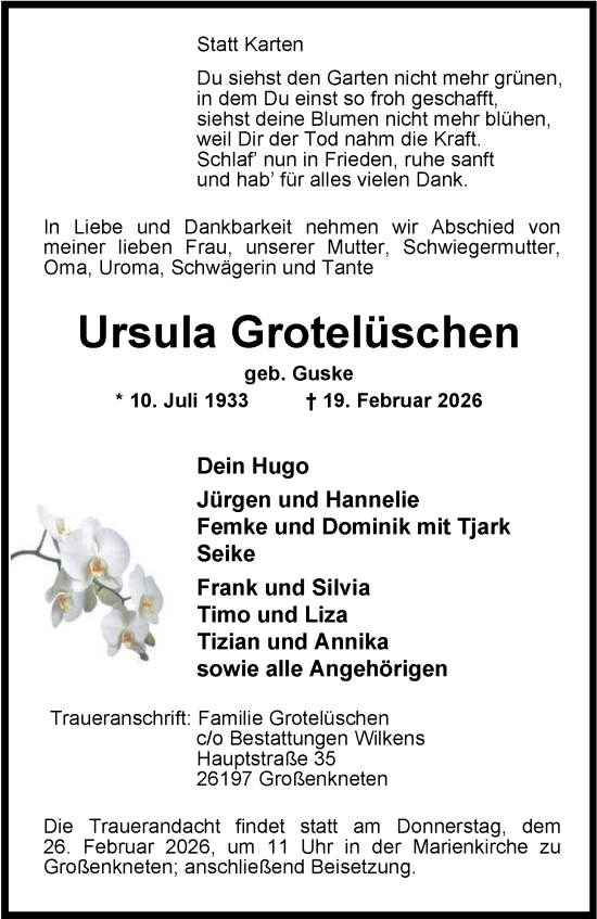 Traueranzeige von Ursula Grotelüschen von Nordwest-Zeitung