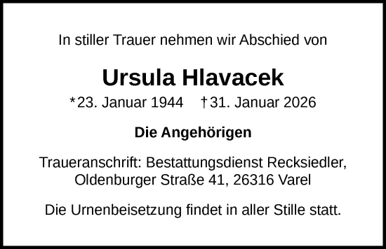 Traueranzeige von Ursula Hlavacek von Nordwest-Zeitung