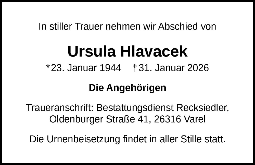  Traueranzeige für Ursula Hlavacek vom 14.02.2026 aus Nordwest-Zeitung