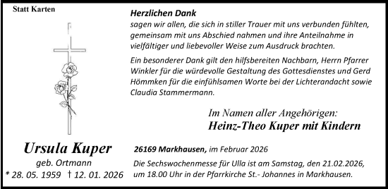 Traueranzeige von Ursula Kuper von Nordwest-Zeitung