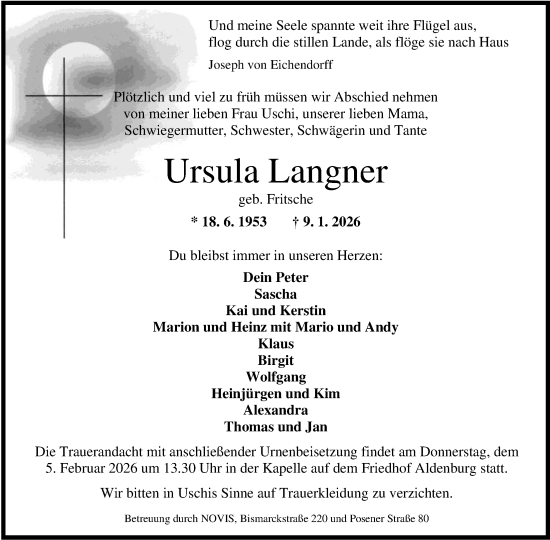 Traueranzeige von Ursula Langner von WZ/JW/AH