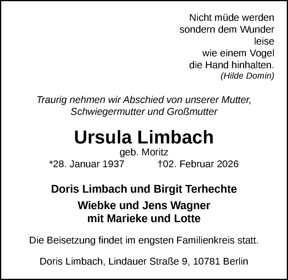  Traueranzeige für Ursula Limbach vom 07.02.2026 aus Nordwest-Zeitung