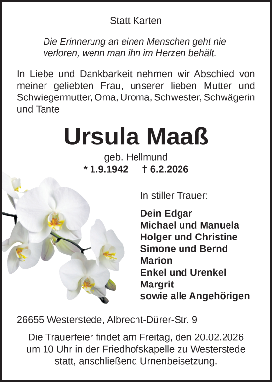 Traueranzeige von Ursula Maaß von Nordwest-Zeitung