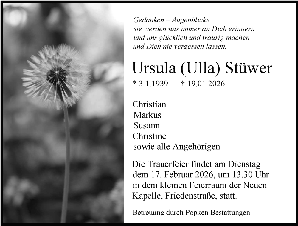  Traueranzeige für Ursula Stüwer vom 07.02.2026 aus WZ/JW/AH