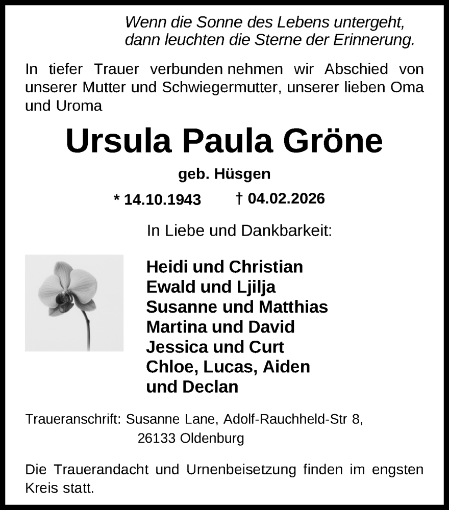  Traueranzeige für Ursula Paula Gröne vom 14.02.2026 aus Nordwest-Zeitung