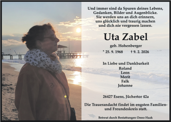 Traueranzeige von Uta Zabel von WZ/JW/AH