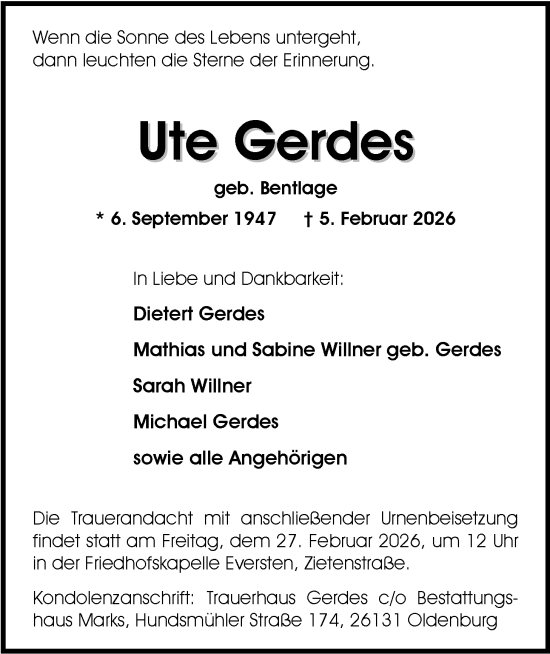Traueranzeige von Ute Gerdes von Nordwest-Zeitung
