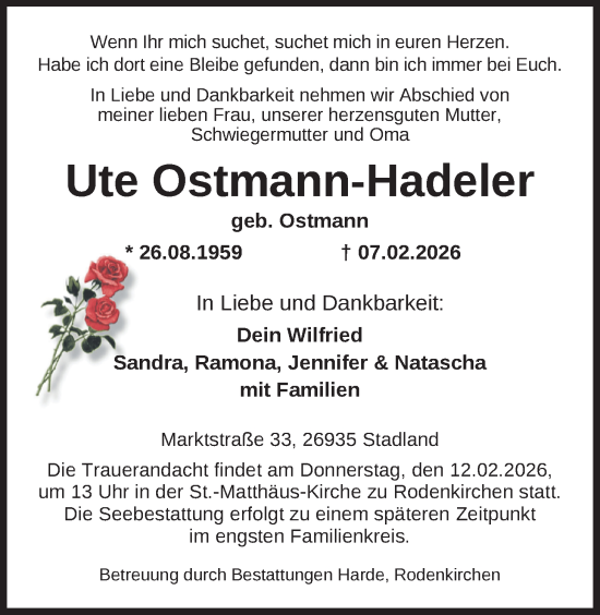 Traueranzeige von Ute Ostmann-Hadeler von Nordwest-Zeitung
