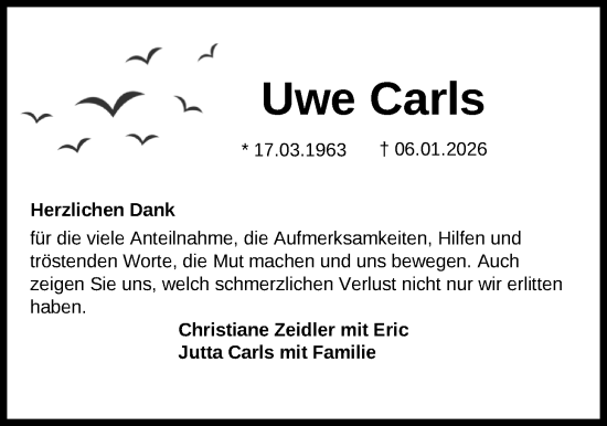 Traueranzeige von Uwe Carls von WZ/JW/AH