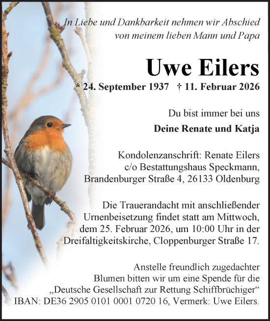 Traueranzeige von Uwe Eilers von Nordwest-Zeitung