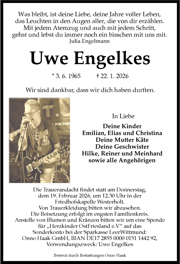  Traueranzeige für Uwe Engelkes vom 06.02.2026 aus WZ/JW/AH