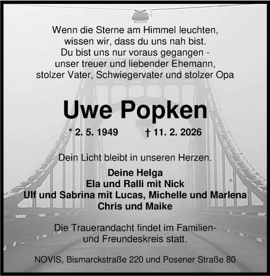 Traueranzeige von Uwe Popken von WZ/JW/AH