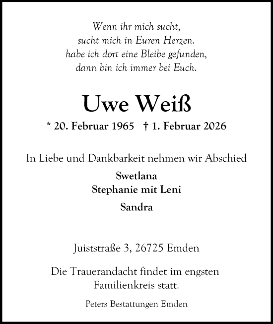 Traueranzeige von Uwe Weiß von Emder Zeitung