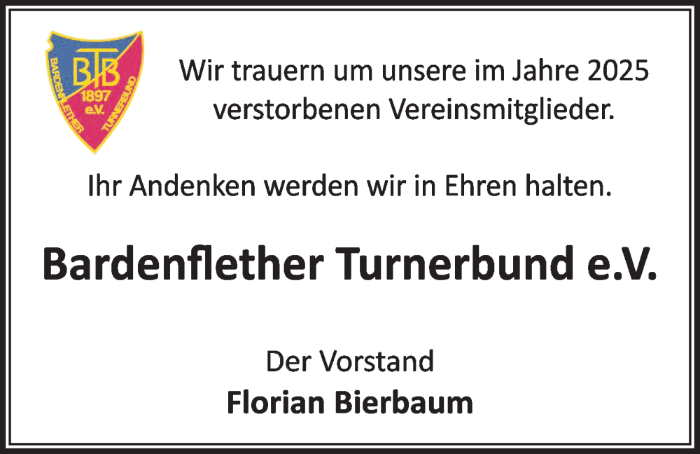  Traueranzeige für Verstorbene Mitglieder 2025 vom 07.02.2026 aus Nordwest-Zeitung
