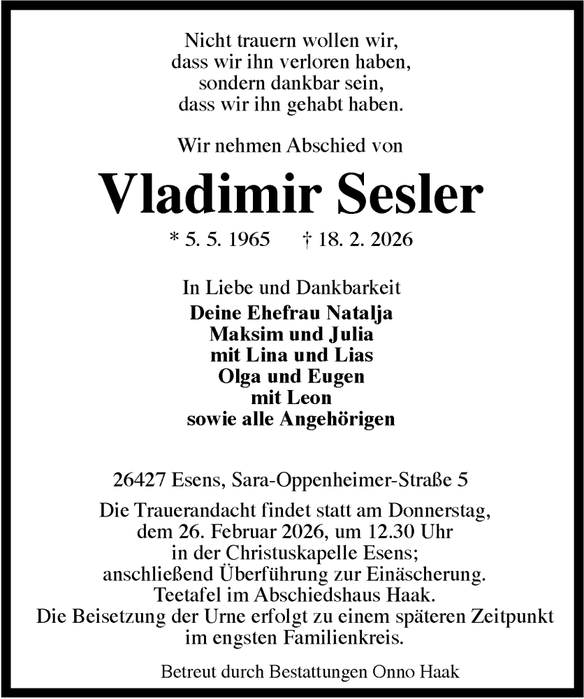  Traueranzeige für Vladimir Sesler vom 20.02.2026 aus WZ/JW/AH