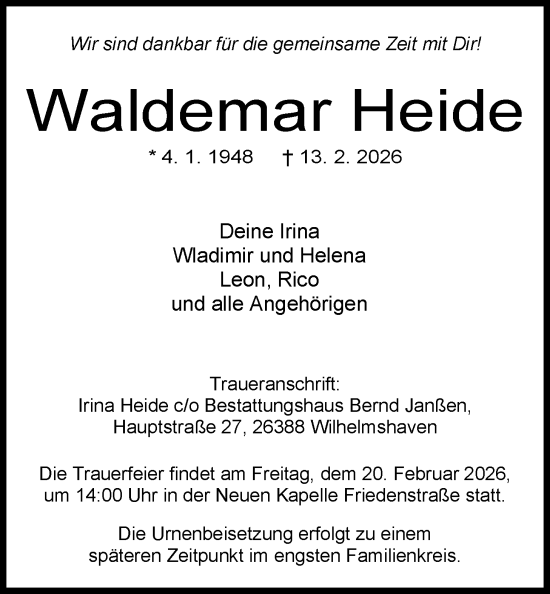 Traueranzeige von Waldemar Heide von WZ/JW/AH