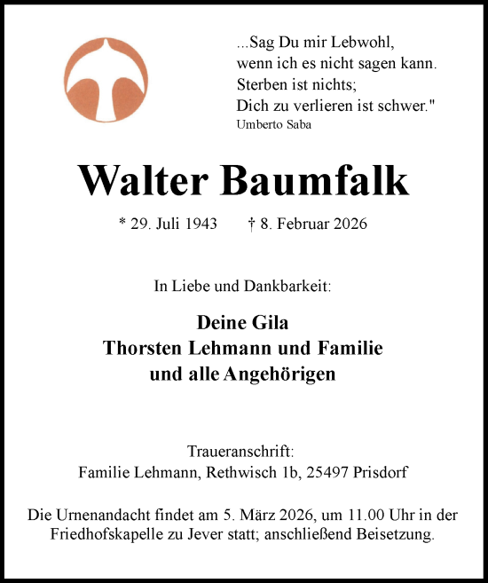 Traueranzeige von Walter Baumfalk von WZ/JW/AH