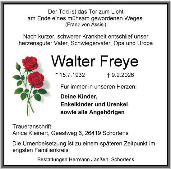 Traueranzeige von Walter Freye von WZ/JW/AH