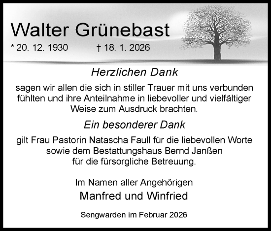 Traueranzeige von Walter Grünebast von WZ/JW/AH
