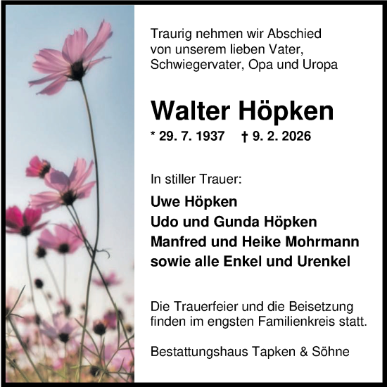 Traueranzeige von Walter Höpken von Nordwest-Zeitung