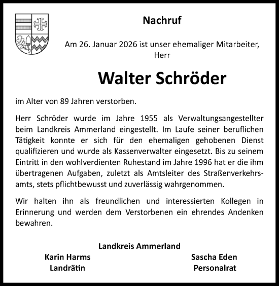 Traueranzeige von Walter Schröder von Nordwest-Zeitung