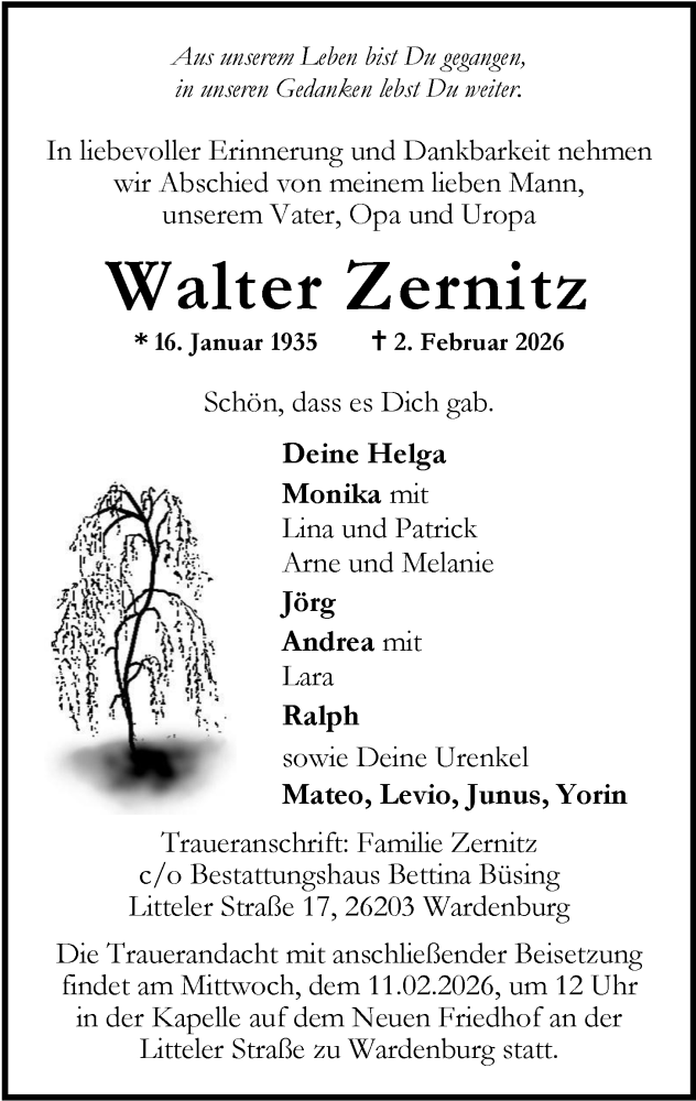  Traueranzeige für Walter Zernitz vom 07.02.2026 aus Nordwest-Zeitung
