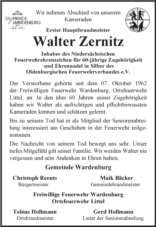 Traueranzeige von Walter Zernitz von Nordwest-Zeitung