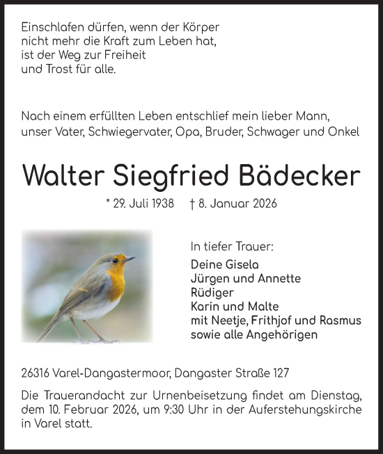 Traueranzeige von Walter Siegfried Bädecker von Nordwest-Zeitung