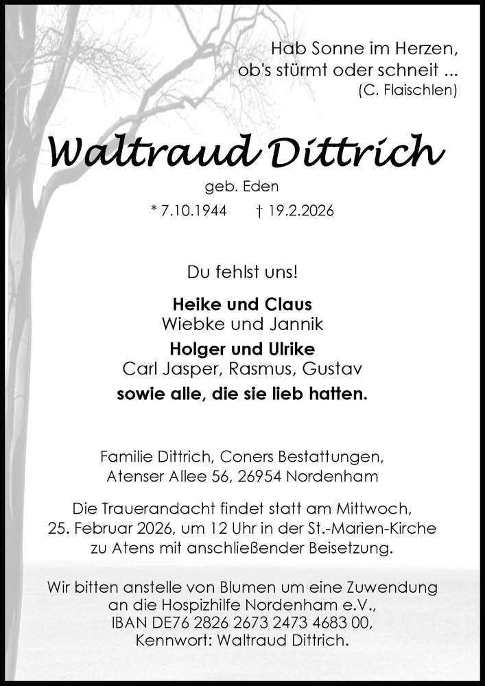  Traueranzeige für Waltraud Dittrich vom 24.02.2026 aus Nordwest-Zeitung