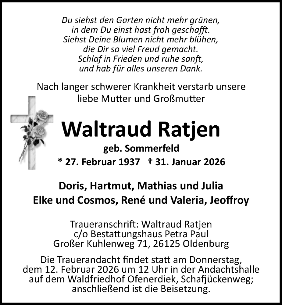  Traueranzeige für Waltraud Ratjen vom 07.02.2026 aus Nordwest-Zeitung