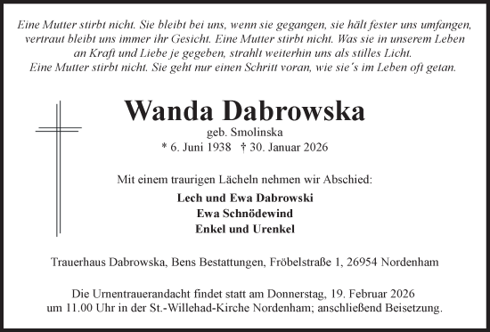 Traueranzeige von Wanda Dabrowska von Nordwest-Zeitung
