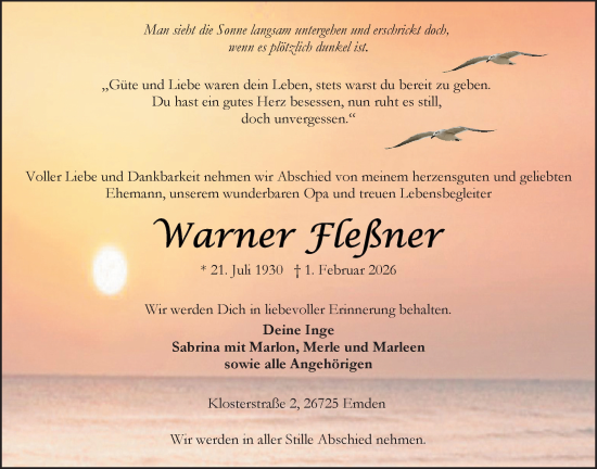 Traueranzeige von Warner Fleßner von Emder Zeitung