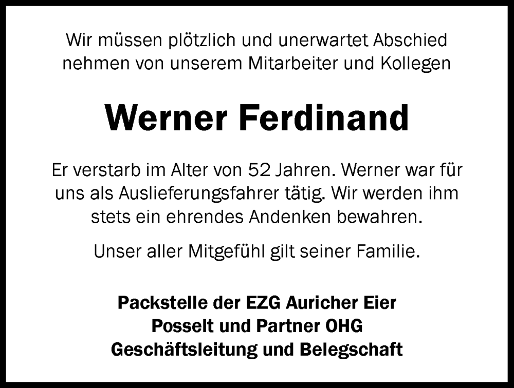  Traueranzeige für Werner Ferdinand vom 14.02.2026 aus WZ/JW/AH